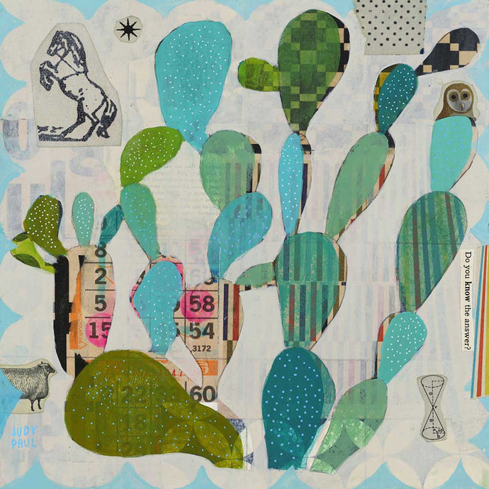 Collage with green and blue cacti shapes on a light blue background