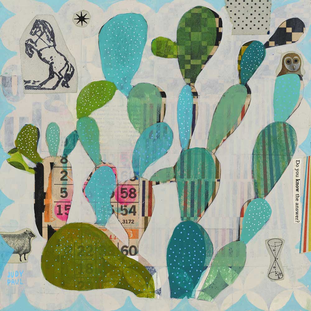 Collage with green and blue cacti shapes on a light blue background